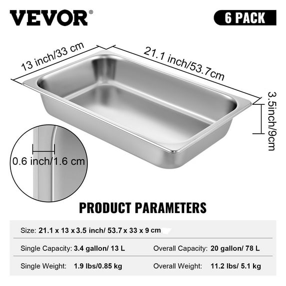 Stainless Steel Deep Steam Table Pans (6-Pack, 13L) - 20.9x12.8x3.9 Inch Full-Size Anti-Jam Food Pans for Buffet, Catering & Oven Use