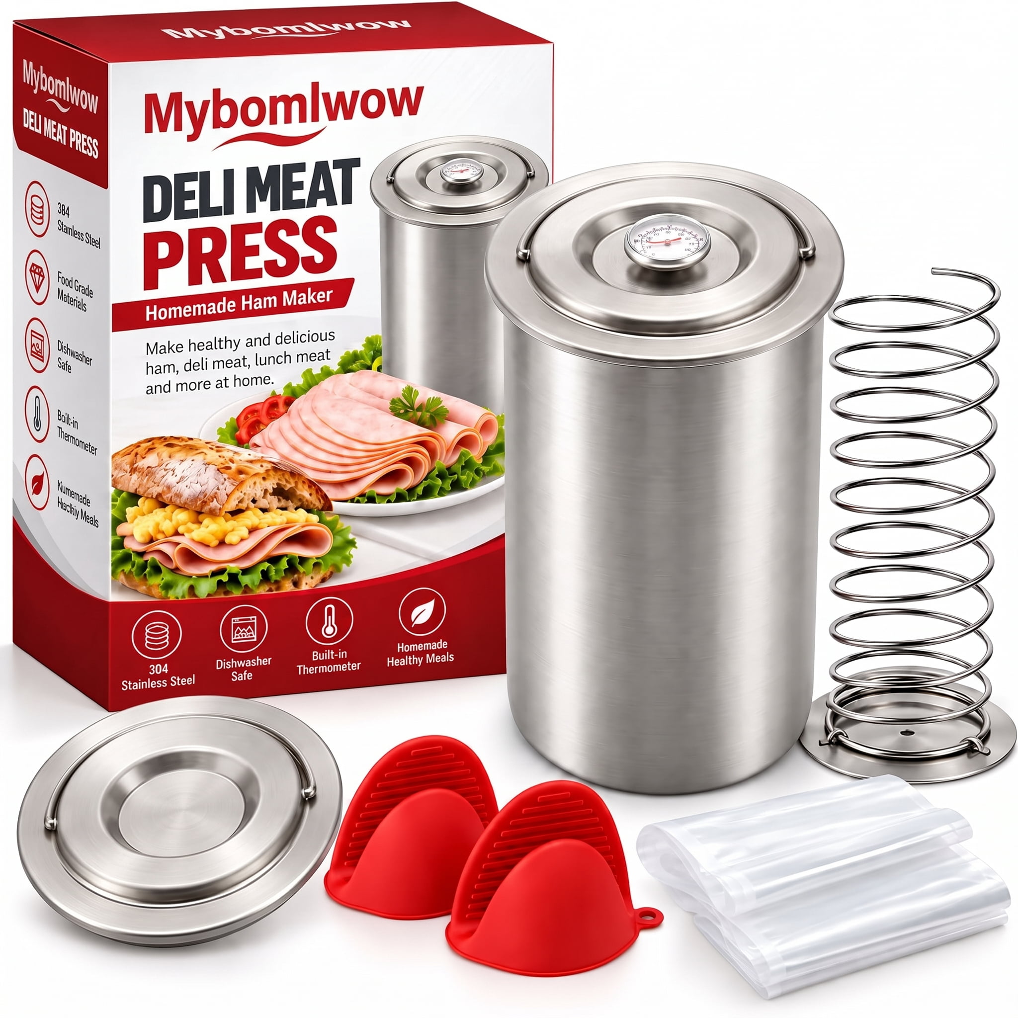 Stainless Steel Deli Meat Press Ham Maker with Thermometer, 1.6L ...