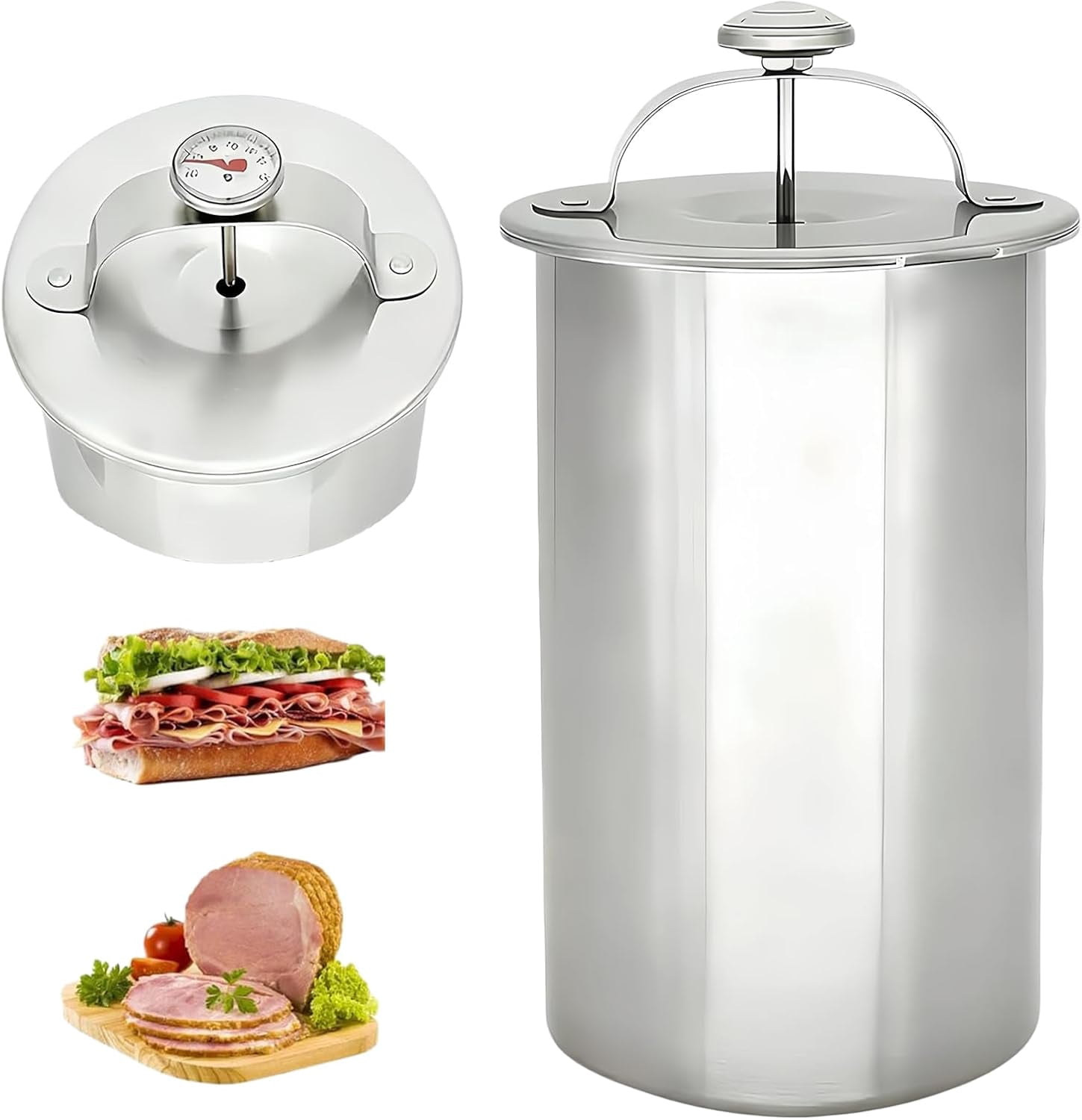 Stainless Steel Deli Meat Press with Thermometer & Spring - 2026 Upgraded Meat Press Mold for Deli Meats, Kitchen Bacon Pressure Cookers Boiler Pot Pan Stove