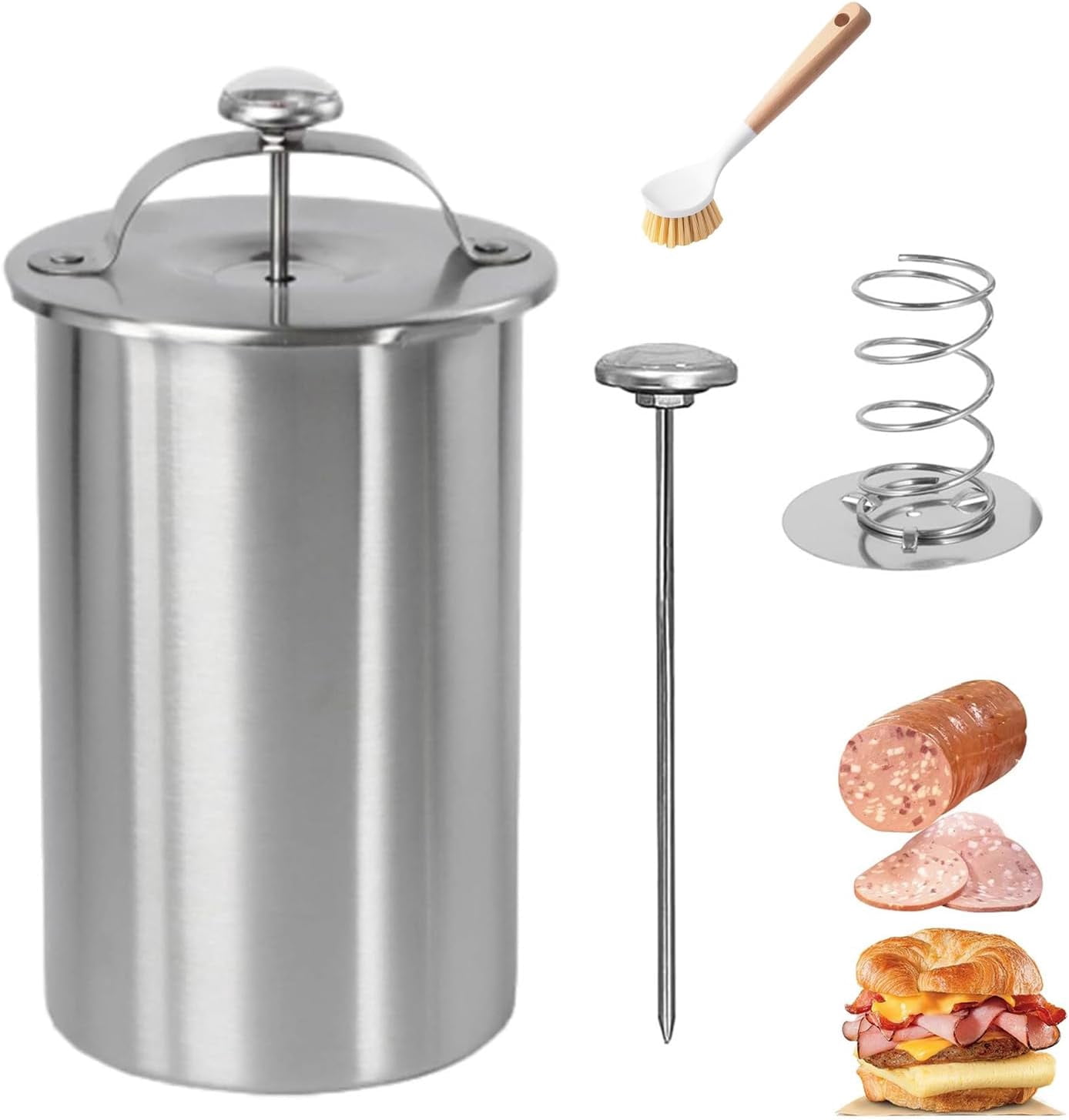 Stainless Steel Deli Meat Press with Thermometer and Spring, Lunch Meat Press Mold for Deli Meats, Ham Maker Meat Press Tool for Making Deli Homemade Lunch (Fixed Handle)