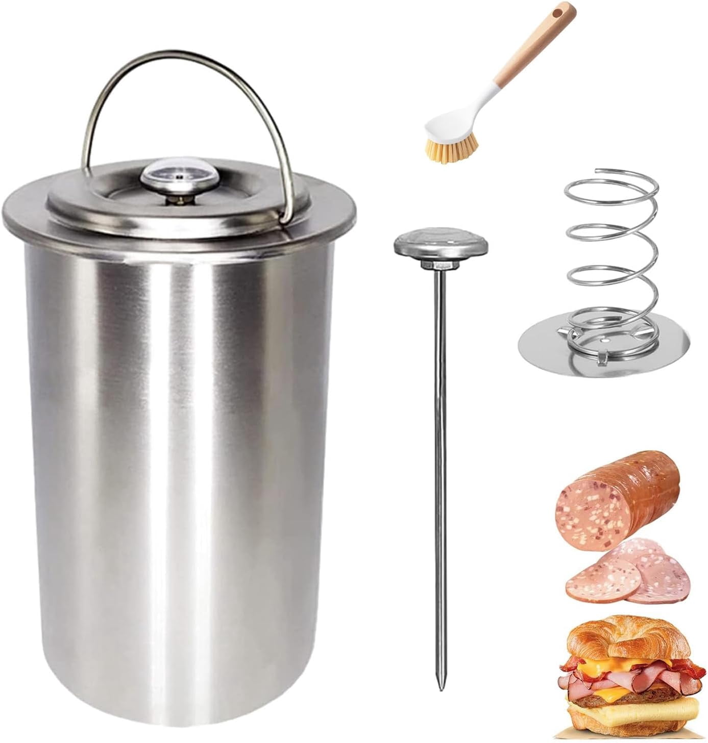 Stainless Steel Deli Meat Press with Thermometer and Spring, Lunch Meat Press Mold for Deli Meats, Ham Maker Meat Press Tool for Making Deli Homemade Lunch (Wire Handle)
