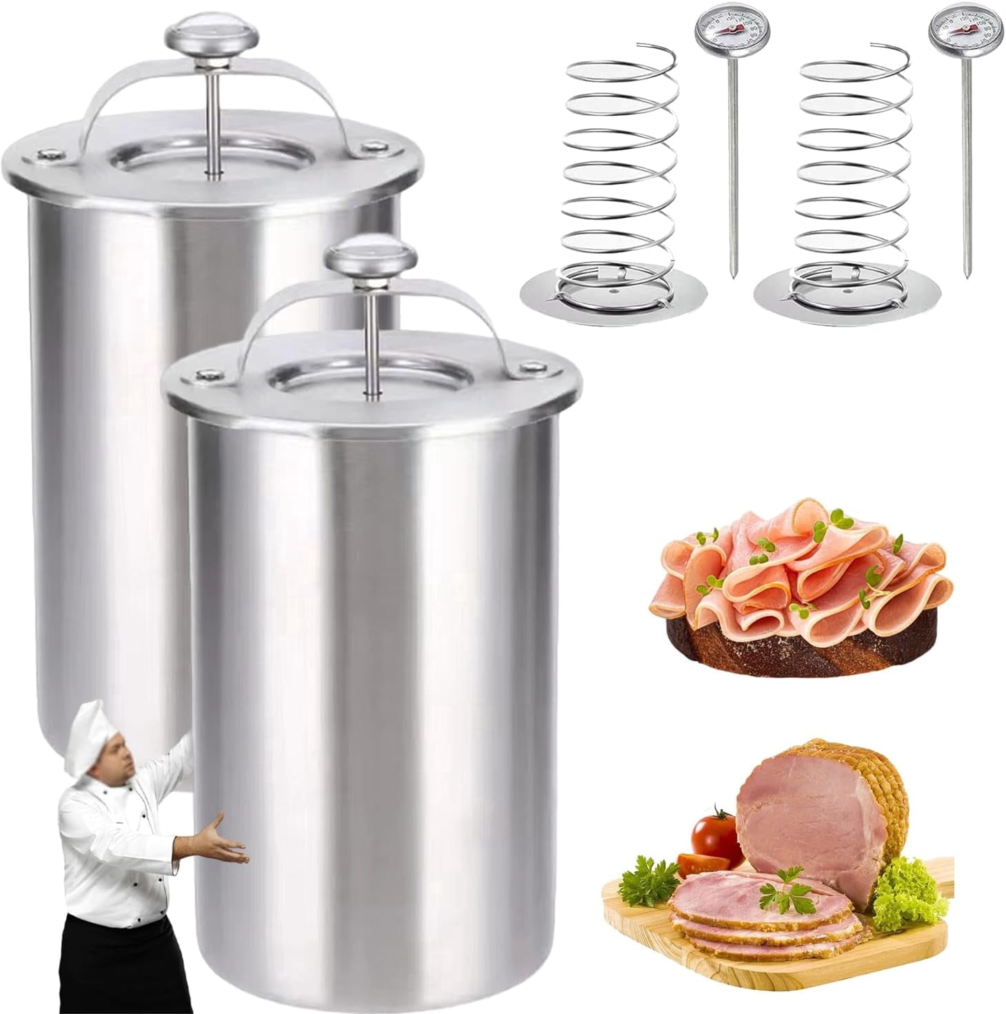 Stainless Steel Deli Meat Press with Thermometer, 1.5L Ham Maker Mold for Homemade Lunch Meat, Poultry & Sandwich Filling