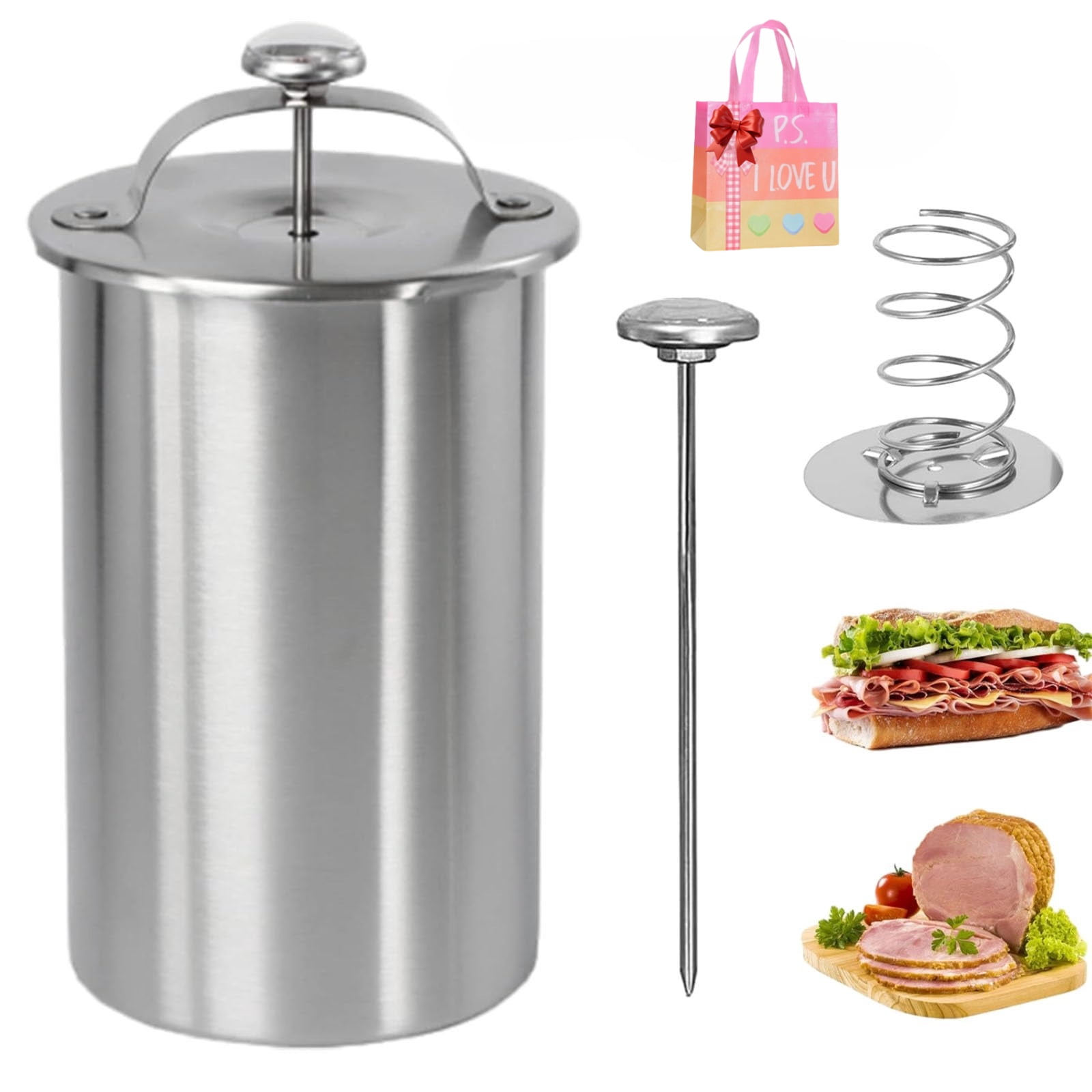 Stainless Steel Deli Meat Press with Thermometer - 2026 Upgraded Deli Meat Press Stainless Steel, Kitchen Bacon Pressure Cookers Boiler Pot Pan Stove