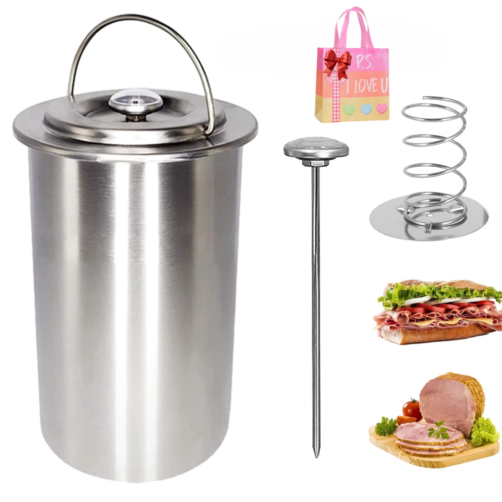 Stainless Steel Deli Meat Press with Thermometer - 2026 Upgraded Deli Meat Press Stainless Steel, Kitchen Bacon Pressure Cookers Boiler Pot Pan Stove
