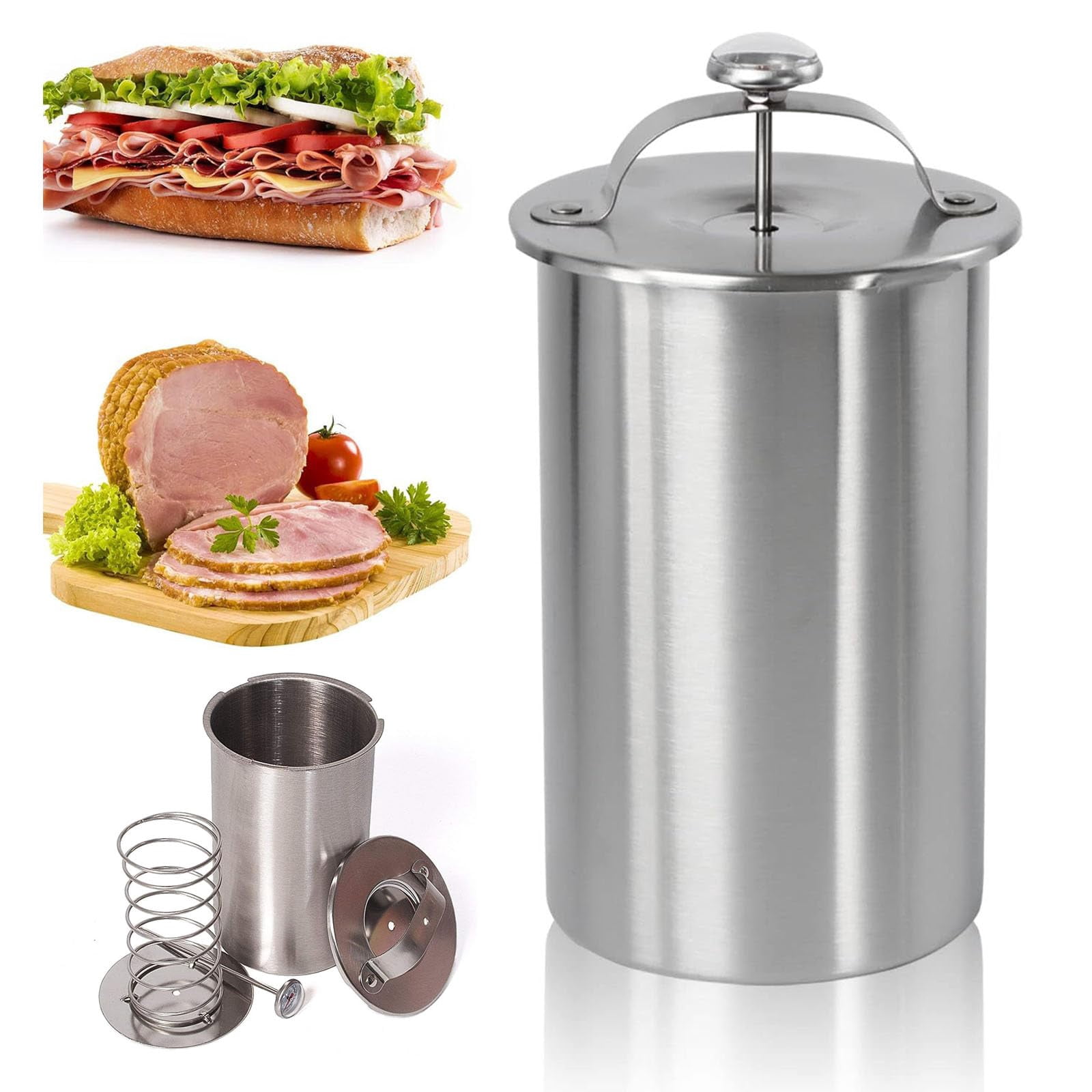 Stainless Steel Deli Meat Press with Thermometer, Food Grade 304 Ham Maker for Healthy Homemade Deli, Sturdy Meat Presser for Kitchen and Camping