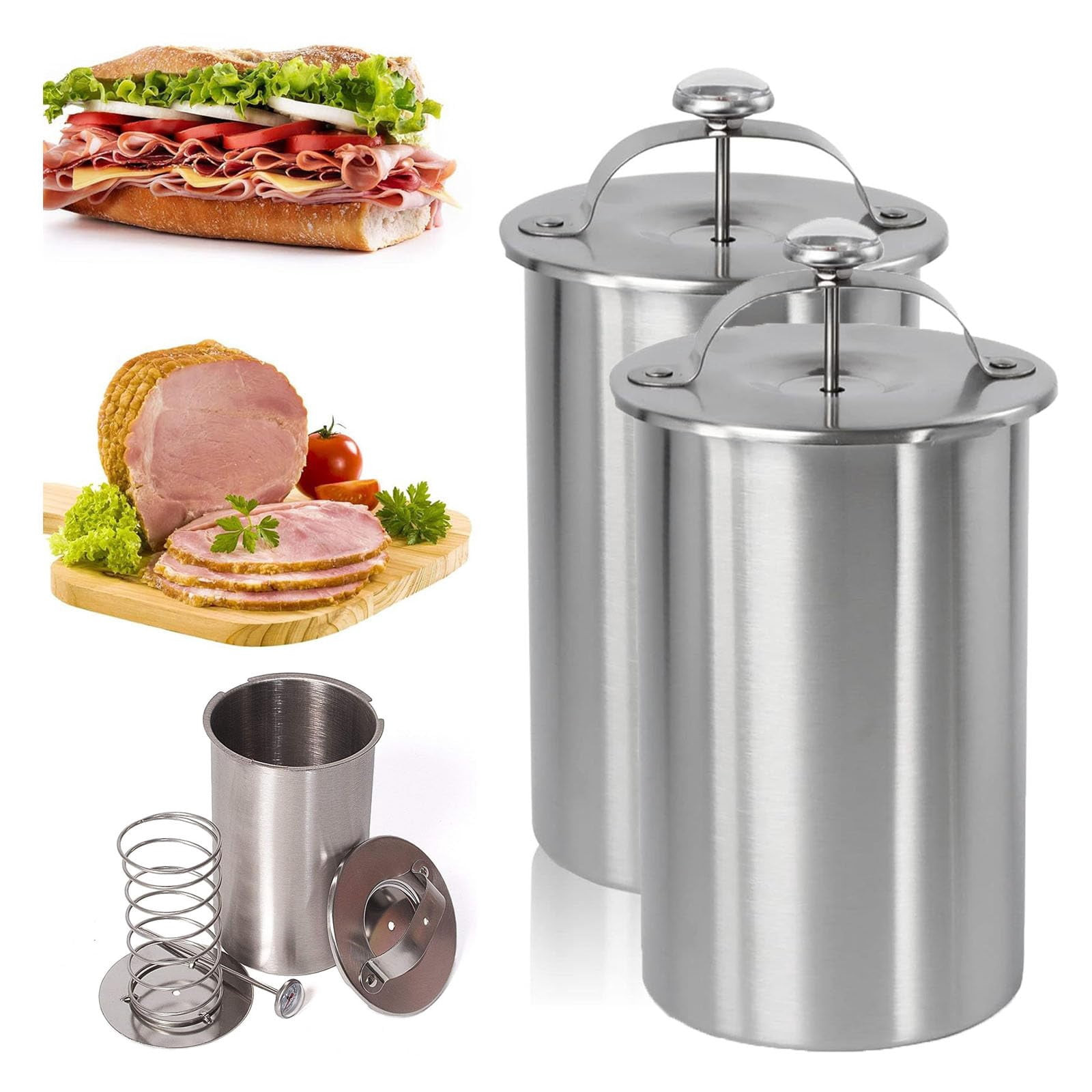 Stainless Steel Deli Meat Press with Thermometer, Food Grade 304 Ham Maker for Healthy Homemade Deli, Sturdy Meat Presser for Kitchen and Camping