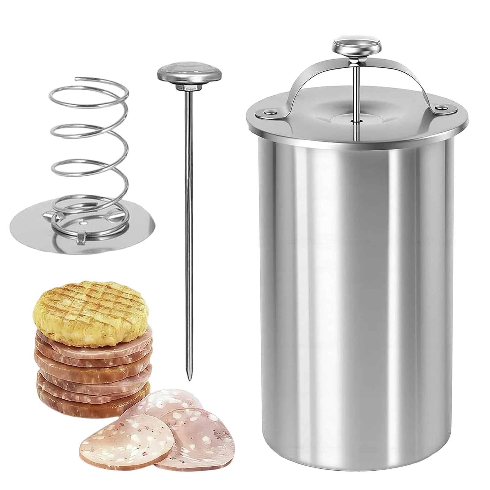 Stainless Steel Deli Meat Press with Thermometer, Food Grade Ham Maker for Healthy Homemade Deli, Sturdy Meat Presser for Kitchen and Camping