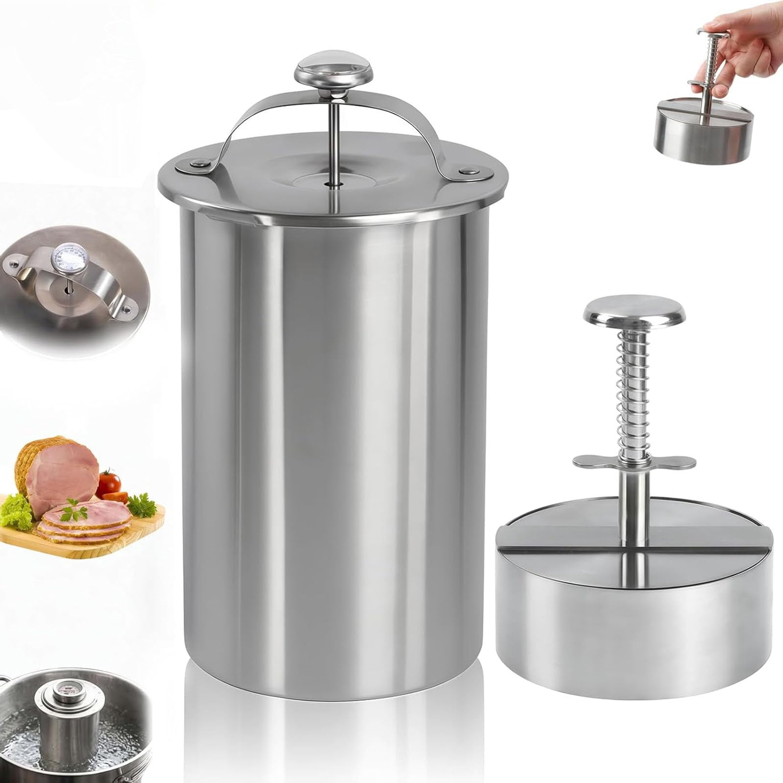 Stainless Steel Deli Meat Press with Thermometer & Spring Mechanism,Meat Press Mold for Deli,Presss for Healthy Home Cooking.