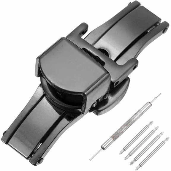 Stainless Steel Deployment Clasp, Butterfly Folding Buckle with Spring Bars and Removal Tool for Leather Watch Band Black 12mm