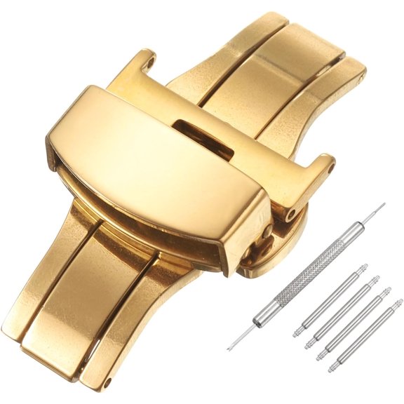 Stainless Steel Deployment Clasp, Butterfly Folding Buckle with Spring Bars and Removal Tool for Leather Watch Band Gold 20mm
