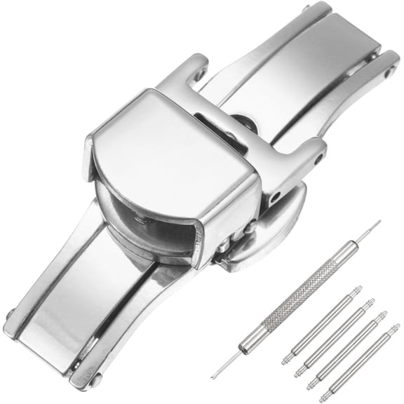 Stainless Steel Deployment Clasp, Butterfly Folding Buckle with Spring Bars and Removal Tool for Leather Watch Band Silver Small