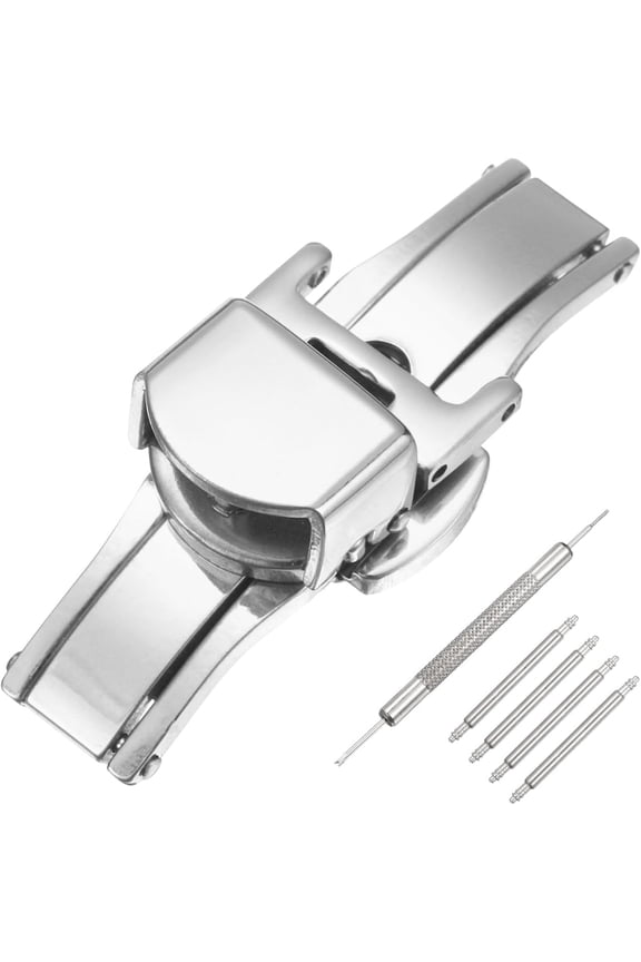 Stainless Steel Deployment Clasp, Butterfly Folding Buckle with Spring Bars and Removal Tool for Leather Watch Band Silver Small