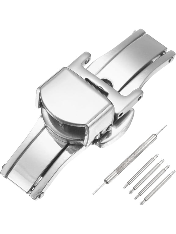 Stainless Steel Deployment Clasp, Butterfly Folding Buckle with Spring Bars and Removal Tool for Leather Watch Band Silver Small