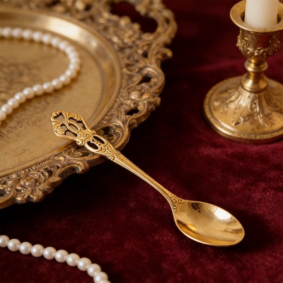 Stainless Steel Dessert Spoon 5.11in Vintage Hollow Handle | Gold Silvery | Long Handle for Ice , Pudding, Coffee, Tea | Polished, Rust-Resistant | Kitchen Dining Gift