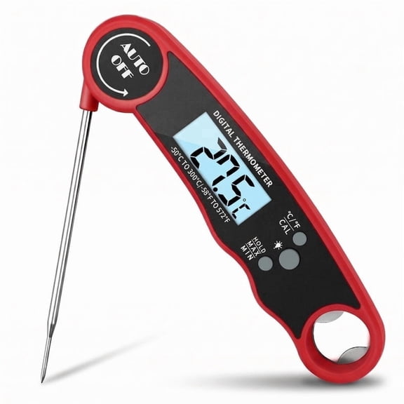 Stainless Steel Digital Kitchen Thermometer with Bottle Opener Waterproof Long Probe Instant Read Cooking Thermometer for BBQ Meat Baking Food, LCD Display High Accuracy TP109 - Red