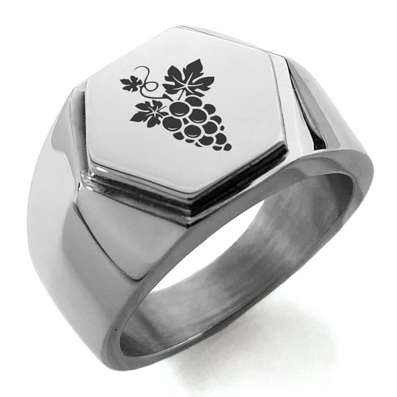 Stainless Steel Dionysus Greek God of Wine Engraved Hexagon Crest Flat Top Biker Style Polished Ring