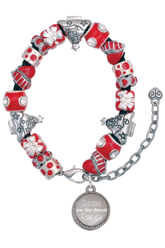 Stainless Steel Disc Sisters are Best Friends Forever Red Christmas Bead Bracelet