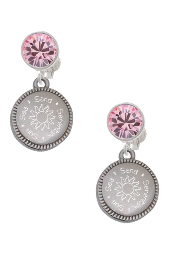 Stainless Steel Disc Sun Sea Sand Serenity Pink Crystal Clip On Earrings