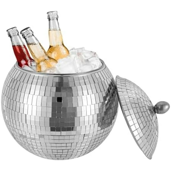 Stainless Steel Disco Ball Ice Bucket, Disco Ball Planter, 0.4gal Beverage tubs for Parties with Double Layer Insulation - Sparkling Sequin Decor for Parties, Barbecues, Holds Beer, Wine, Champagne