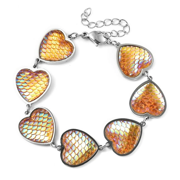 Stainless Steel Disco Ball Theme Heart Charm Station Bracelet for Women Jewelry for Women Size 7.25" Birthday Christmas Gifts