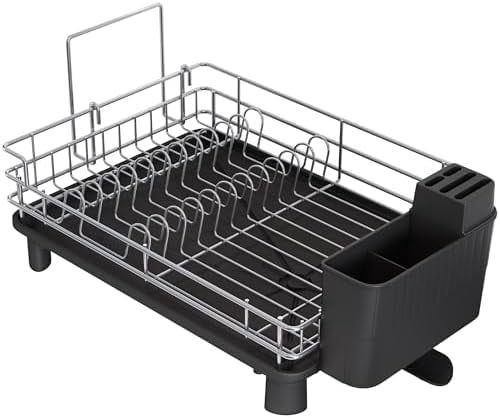 Stainless Steel Dish Drainers Drying Rack for Kitchen Counter with Automatic Drainage, 1 Tier Rust Proof Metal, Space Saving, Modern Aesthetic, Compact Plates Strainers,Gray