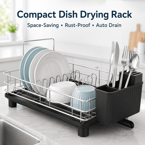 Stainless Steel Dish Drainers Drying Rack for Kitchen Counter – 1-Tier Rust-Proof Metal, Compact & Modern Dish Dryer with Automatic Drainage, Gray