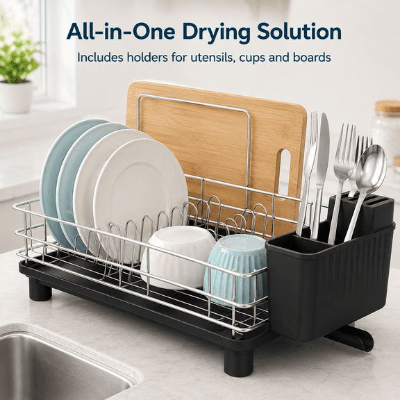 Stainless Steel Dish Drainers Drying Rack for Kitchen Counter – 1-Tier Rust-Proof Metal, Compact & Modern Dish Dryer with Automatic Drainage, Gray