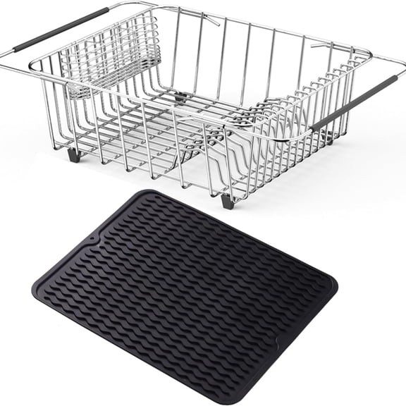 Stainless Steel Dish Drying Rack(15.2"L X 13"W X 5.8"H), Expandable Fruit & Vegetable Drain Rack over Sink, Dish Drainer Rack in Sink, with Stainless Steel Utensil Holder & Silicone Mat(16")