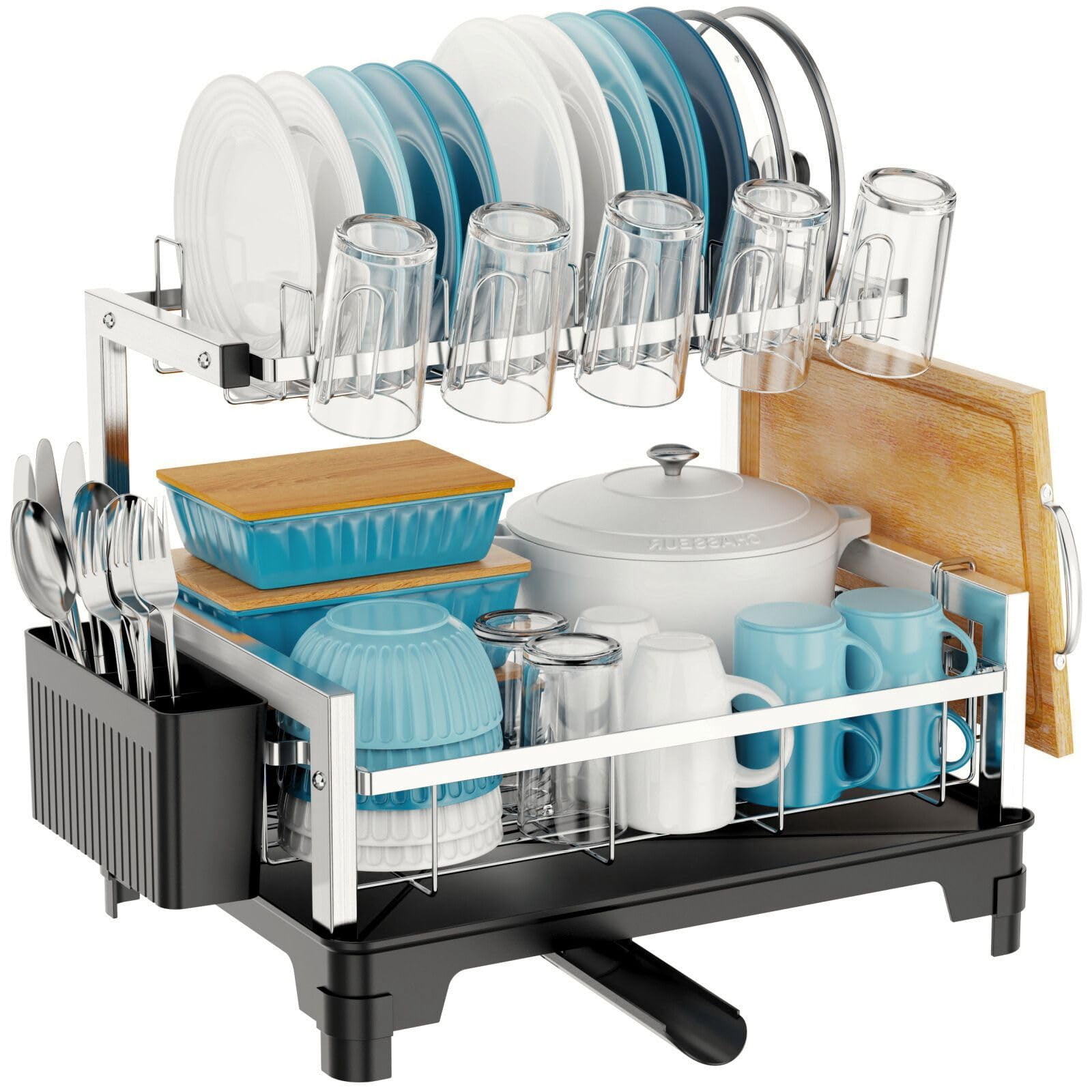 Stainless Steel Dish Drying Rack 2 Tier  Compact Racks For Kitchen Counter With Board Holder Auto-drain Spout Rust Proof Drainer Apartment 21" L X 12.6" W
