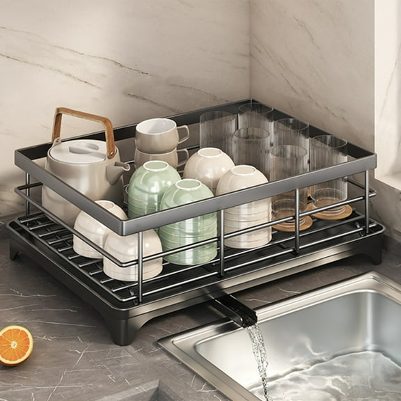 Stainless Steel Dish Drying Rack,360° Rotation Fast Drainboard Set,Expandable Anti-Rust Utensil Holder Organizer,Stable Sturdy Space-Saving Countertop Drainer for Dishes Bowls Cups