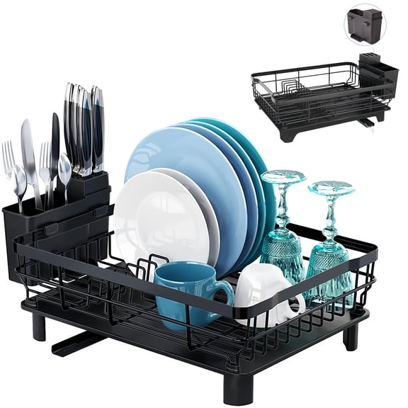 Asunby Stainless Steel Kitchen Drying Rack with Drainboard, Removable Utensil Holder and Drain Spout, Compact Counter & Sink Organizer, 12.9''W x 16.9''L