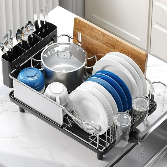 Stainless Steel Dish Drying Rack - Large Capcity 304 Grade Dish Drainer for Kitchen Counter with Drain Board, Utensil Holder & Detachable Cup Shelf, Rustproof Multifunctional Organizer