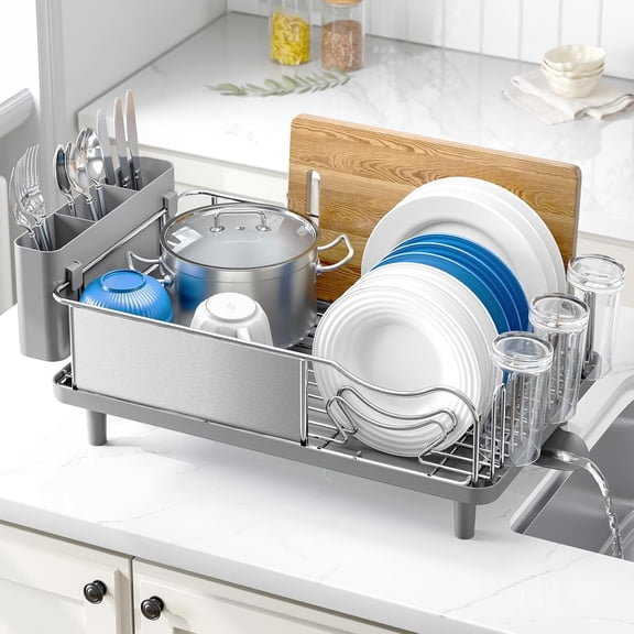 Stainless Steel Dish Drying Rack - Large Capacity Kitchen Counter Organizer with Drain Board, Utensil Holder & Detachable Cup Shelf, 304 Surgical-Grade Rust-Proof Dish Drainer, Easy Assembly