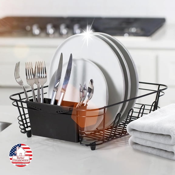 Stainless Steel Dish Drying Rack for Sink, Black Space-Saving Over Sink Drainer with Utensil Holder and Non-Slip Handles