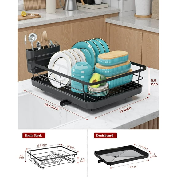 Stainless Steel Dish Drying  with Drainboard, 15.6" D x 12" , Black