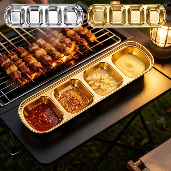 Stainless Steel Divided Dipping Tray Korean Style Multi Compartment Seasoning Dish Commercial BBQ Sauce Tray Home Use Side Dish Serving Plate
