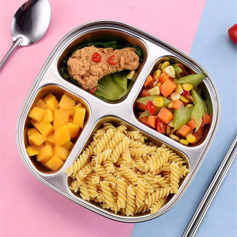 2-Pack Stainless Steel 3-Compartment Plates With Forks & Spoons - 8 Inch Lunch Trays For Picky Eaters, Camping, Weight Loss