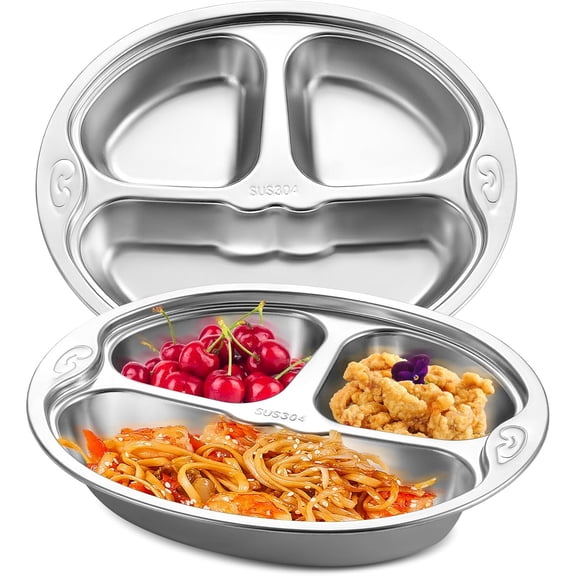 Stainless Steel Divided Plate, 3 Sections Portion Control Dinner Plate, Cut Unbreakable Monkey Shape Compact Food Serving Tray for Kids, Picky Eaters, Campers