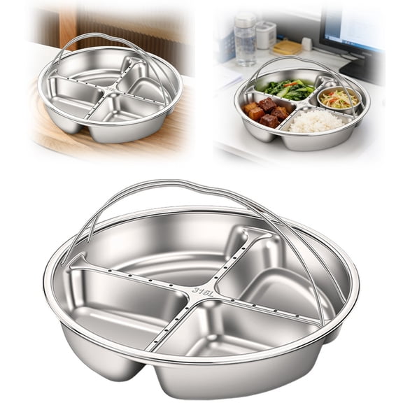 Stainless Steel Divided Plate, 8.9inch Multi Compartment Tray with Handle, Sectional Serving Platter, Divided Snack Plate, Food Storage Organizer for Home Parties Picnics Gatherings Serving