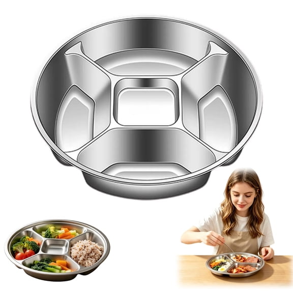 Stainless Steel Divided Plate with Double Handle, 3/4/5-Compartment Cooking Tray, Round Divided Dinner Plate for Vegetables, Fish, Meat, Eggs, Cooking Accessories