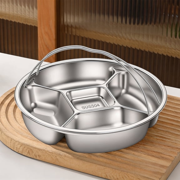 Stainless Steel Divided Plate with Double Handle, 5-Compartment Cooking Tray, Round Portion Control Steamer Plate for Vegetables, Fish, Meat, Eggs, Cooking Accessories