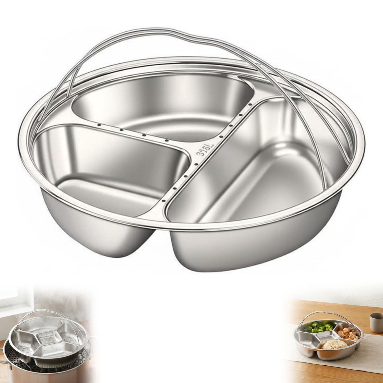 Stainless Steel Divided Plate with Double Handle, 5-Compartment Cooking ...