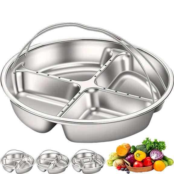Stainless Steel Divided Plate with Double Handle, Round Divided Dinner Plate, Portion Control Dinner Plate for Cooking Meal Preps Divider Plate for Vegetables Fish Meat Eggs