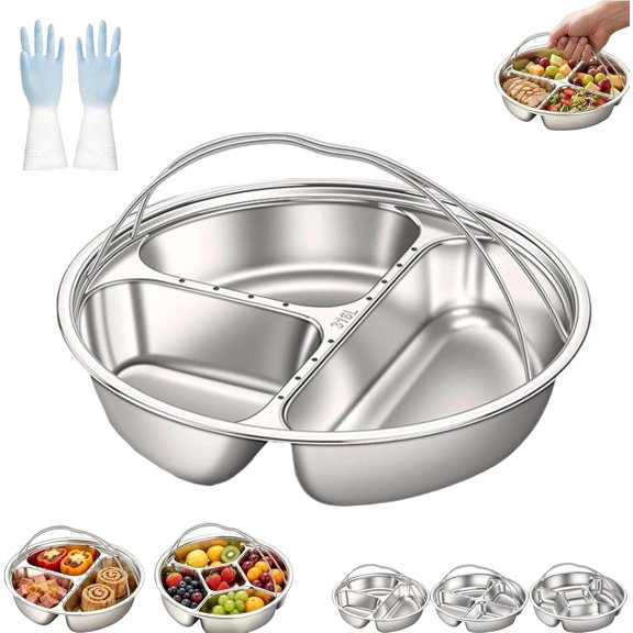 Stainless Steel Divided Plate with Double Handles, Round Divided Dinner Plate, Upgraded Round 5-Compartment Lunch Tray Prevents Flavor Mixing for Meal Prep Cooking Home Camping Use (A)