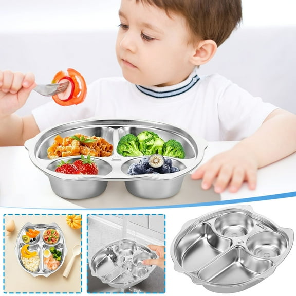 Stainless Steel Divided Plates for Kids, 3-Section Car-Shaped Meal Tray with Non-Slip Base, Non-Toxic & Dishwasher Safe for Easy Cleaning, Perfect for Toddlers and Children's Mealtime FAJHHA