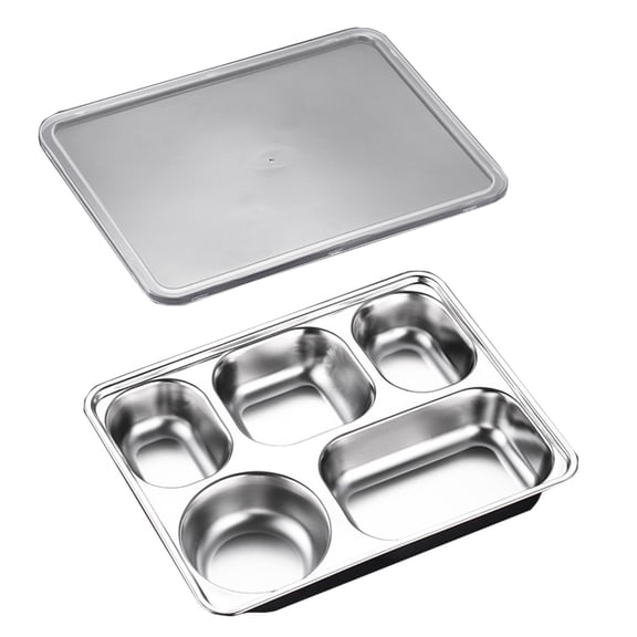 Stainless Steel Divided Plates with Lid for Adults Divided Dinner Tray 5 Sections Bento Lunch Box Divided Food Containers Heavy Gauge, Perfect for Adults