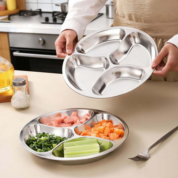 Stainless Steel Divided Prep Plate, Sectioned Food Serving Tray, Compartment Platter for Kitchen Prep and Food Serving