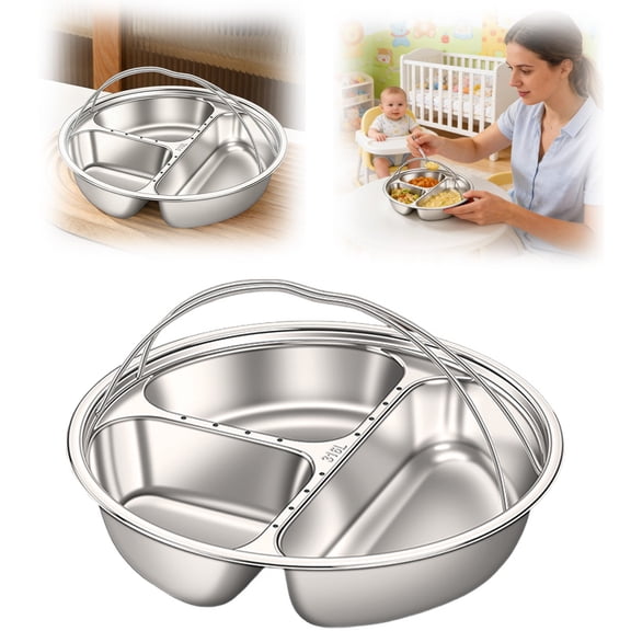 Stainless Steel Divided Serving Tray - Sectional Snack Plate with Handle,Food Steaming Platter for Fruit Snacks Meals, Serving Dish for Home Parties Gatherings Camping Picnics, 3 Compartments