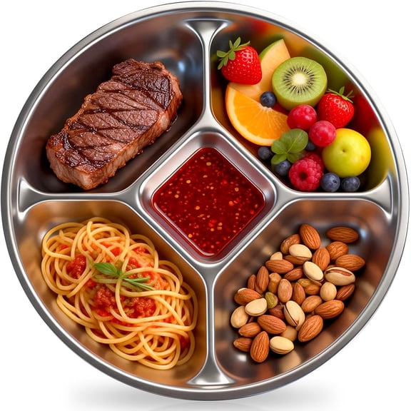 Stainless Steel Divided kids plates-1 Packs,8.5'' Portion Control Dinner Plate for Toddler/Adult,Metal Separated Lunch Dinner Tray Set Kitchen Platter Meal Prep, Work, Family, Camping Picnic Dishes