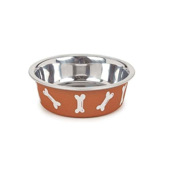 Stainless Steel Dog Bowl Durable Dish Non Skid Bottom Cute Copper Print 4 Sizes (Small - 2 Cups)